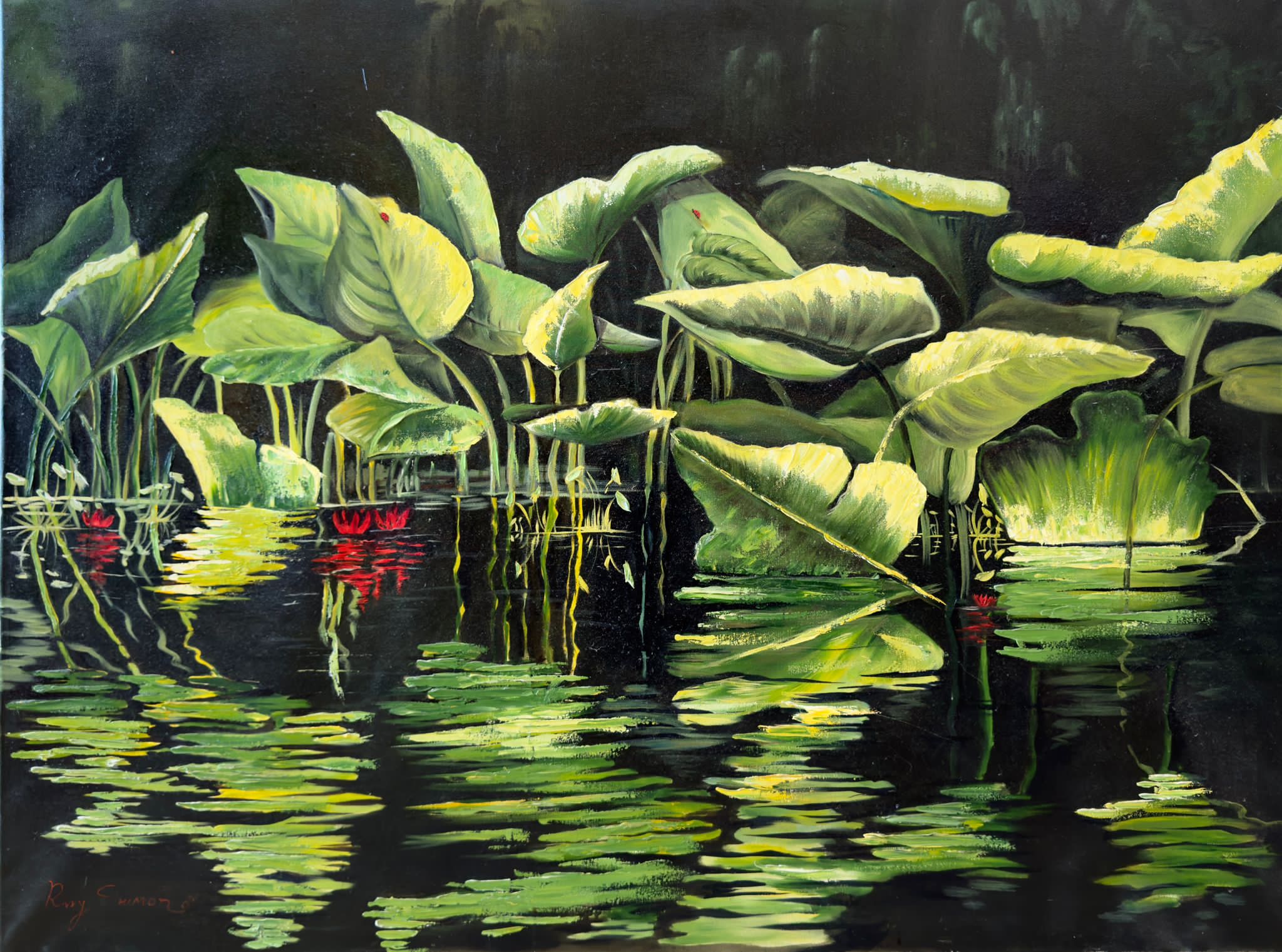 Lilies on Dark Water — Oil on canvas — painting by Rivky Shimon